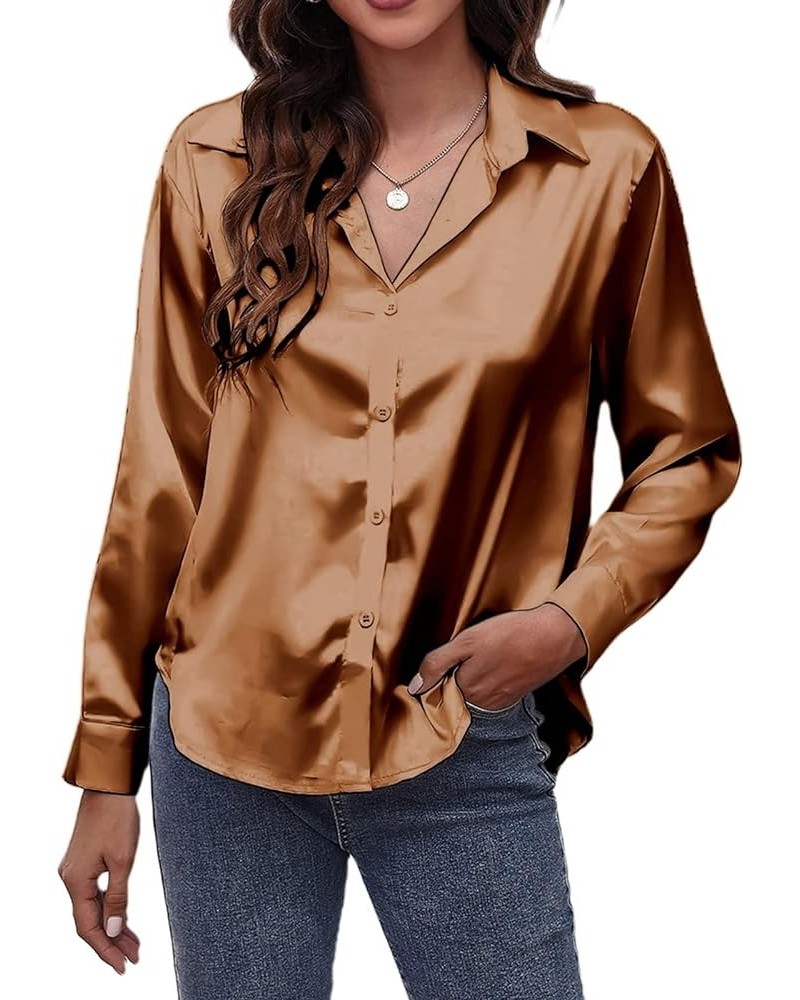 Women's Satin Silk Button Down Shirt Loose Long Sleeve V Neck Formal Work Office Blouse Top Brown $10.59 Blouses