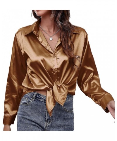 Women's Satin Silk Button Down Shirt Loose Long Sleeve V Neck Formal Work Office Blouse Top Brown $10.59 Blouses