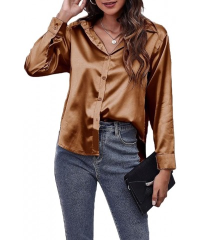 Women's Satin Silk Button Down Shirt Loose Long Sleeve V Neck Formal Work Office Blouse Top Brown $10.59 Blouses