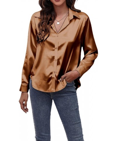 Women's Satin Silk Button Down Shirt Loose Long Sleeve V Neck Formal Work Office Blouse Top Brown $10.59 Blouses