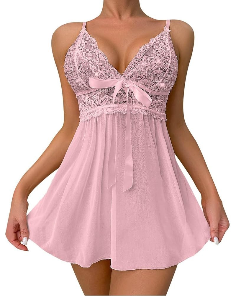 Lingerie for Women Naughty Lace Babydoll Chemise Sexy V Neck Nighty Mesh Sleepwear Boudoir Outfits Teddy Nightdress Z98 Pink ...