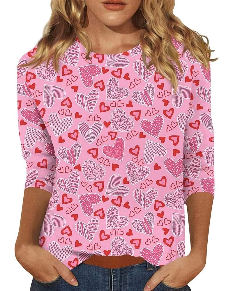 Valentine Day 3/4 Sleeve Tops for Women Cute Love Heart Print Crewneck Tees Blouses Casual Plus Size Basic Tops 02-pink $9.85...