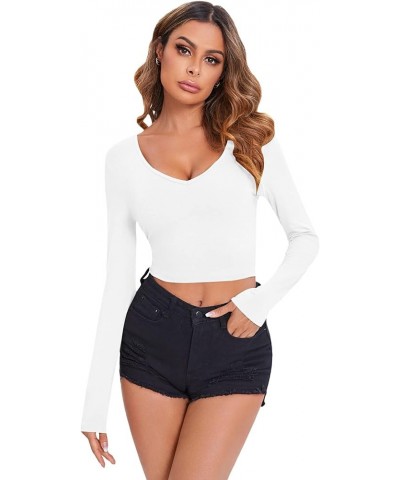 Women's V Neck Long Sleeve Slim Fitted Crop Tee Top White $9.17 T-Shirts