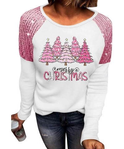 Merry Christmas T-Shirt for Women Christmas Tree Graphic Shirt Xmas Sequined Splicing Long Sleeve Casual Shirts Tops White-1 ...