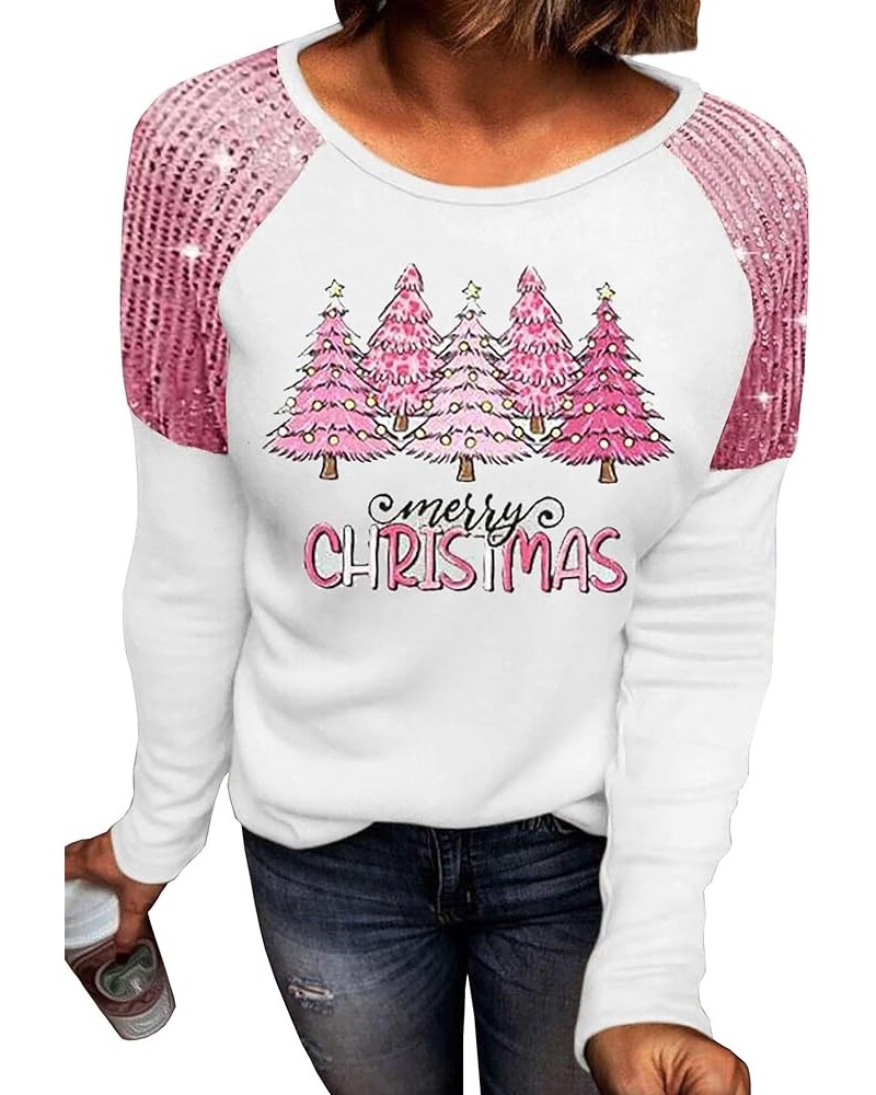 Merry Christmas T-Shirt for Women Christmas Tree Graphic Shirt Xmas Sequined Splicing Long Sleeve Casual Shirts Tops White-1 ...