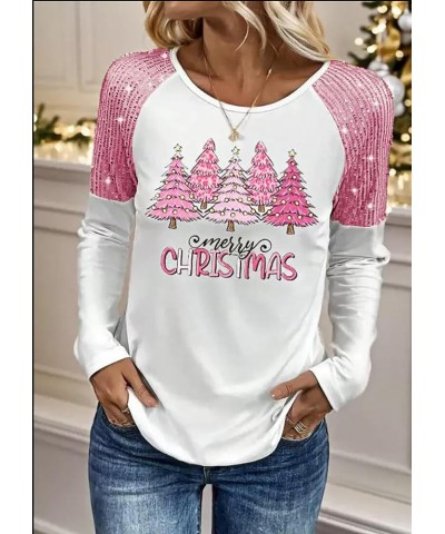 Merry Christmas T-Shirt for Women Christmas Tree Graphic Shirt Xmas Sequined Splicing Long Sleeve Casual Shirts Tops White-1 ...