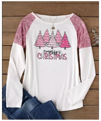 Merry Christmas T-Shirt for Women Christmas Tree Graphic Shirt Xmas Sequined Splicing Long Sleeve Casual Shirts Tops White-1 ...