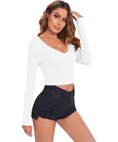 Women's V Neck Long Sleeve Slim Fitted Crop Tee Top White $9.17 T-Shirts