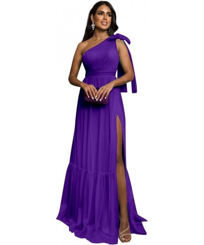 One Shoulder Bridesmaid Dresses with Slit Tulle Pleated Long Formal Evening Dresses for Women Purple $24.60 Dresses