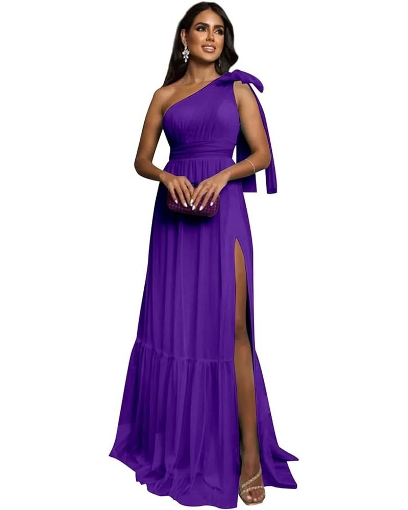 One Shoulder Bridesmaid Dresses with Slit Tulle Pleated Long Formal Evening Dresses for Women Purple $24.60 Dresses