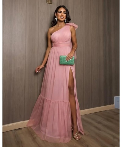 One Shoulder Bridesmaid Dresses with Slit Tulle Pleated Long Formal Evening Dresses for Women Purple $24.60 Dresses