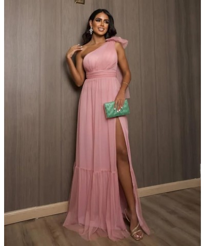 One Shoulder Bridesmaid Dresses with Slit Tulle Pleated Long Formal Evening Dresses for Women Purple $24.60 Dresses