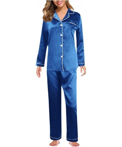 Satin Silk Pajamas for Women Soft Button Up Pajama Set Long Sleeve Shirt and Pajama Pants Lounge Sets M-5XL Blue $5.09 Sleep ...