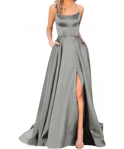 Women's Satin Prom Dresses Spaghetti Straps Backless Long Dress with High Slit Mermaid Formal Party Gown with Pocket Grey $9....