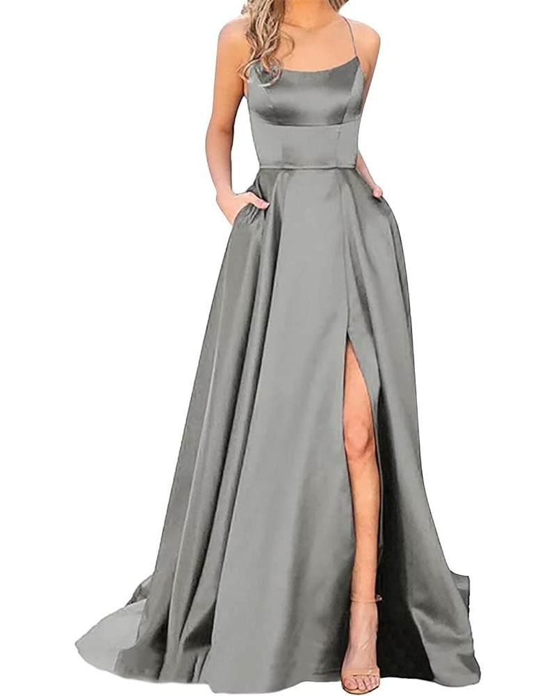 Women's Satin Prom Dresses Spaghetti Straps Backless Long Dress with High Slit Mermaid Formal Party Gown with Pocket Grey $9....