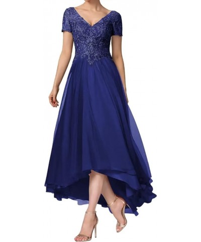 Tea Length Chiffon Mother of The Bride Dress with Shot Sleeve V-Neck Lace Applique Formal Party Gown Royal Blue $39.50 Dresses