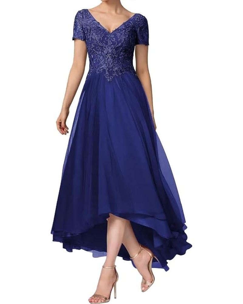 Tea Length Chiffon Mother of The Bride Dress with Shot Sleeve V-Neck Lace Applique Formal Party Gown Royal Blue $39.50 Dresses