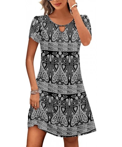 Women's Casual A-Line Dress with Pockets Summer Beach Floral Tshirt Dress Short Sleeve Mini Dress Flowy Sundresses Black-1 Pr...