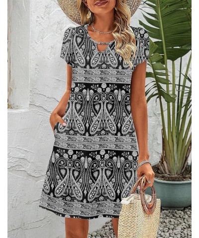 Women's Casual A-Line Dress with Pockets Summer Beach Floral Tshirt Dress Short Sleeve Mini Dress Flowy Sundresses Black-1 Pr...