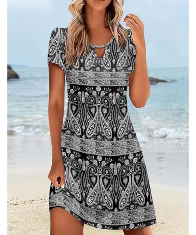 Women's Casual A-Line Dress with Pockets Summer Beach Floral Tshirt Dress Short Sleeve Mini Dress Flowy Sundresses Black-1 Pr...