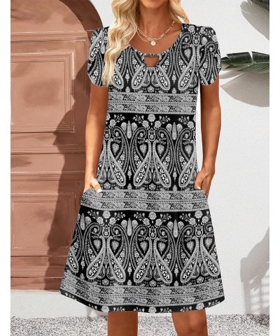 Women's Casual A-Line Dress with Pockets Summer Beach Floral Tshirt Dress Short Sleeve Mini Dress Flowy Sundresses Black-1 Pr...