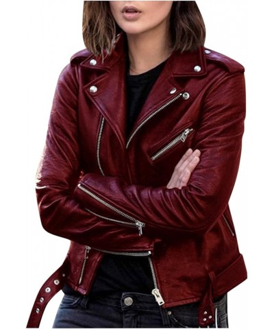 Womens Faux Leather Jacket Plus Size Coats Casual Long Sleeve Zipper Shirts Short Moto Biker Outwear Tops Wine $9.19 Coats