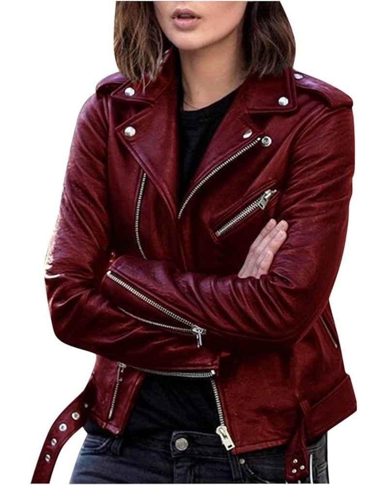 Womens Faux Leather Jacket Plus Size Coats Casual Long Sleeve Zipper Shirts Short Moto Biker Outwear Tops Wine $9.19 Coats