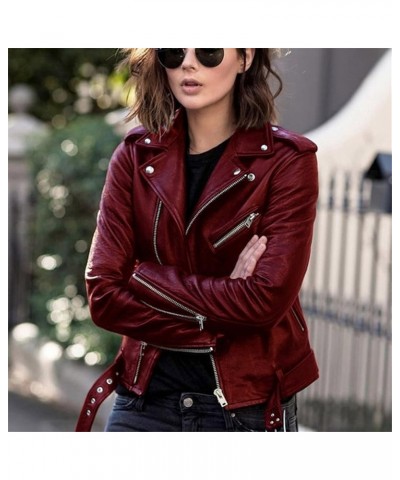 Womens Faux Leather Jacket Plus Size Coats Casual Long Sleeve Zipper Shirts Short Moto Biker Outwear Tops Wine $9.19 Coats