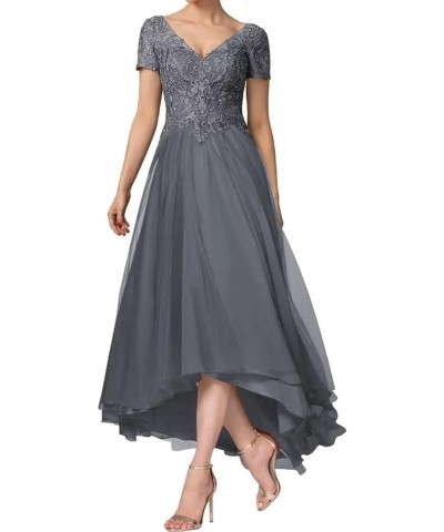 Tea Length Chiffon Mother of The Bride Dress with Shot Sleeve V-Neck Lace Applique Formal Party Gown Royal Blue $39.50 Dresses