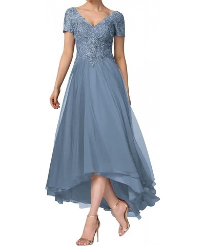 Tea Length Chiffon Mother of The Bride Dress with Shot Sleeve V-Neck Lace Applique Formal Party Gown Royal Blue $39.50 Dresses