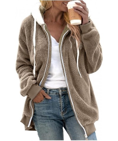 Womens Fuzzy Fleece Hoodies Teddy Plush Sherpa Lined Plus Size Solid Long Sleeves Drawstring Lightweight Warm Outwear B-khaki...