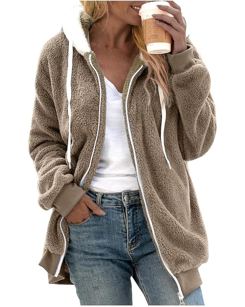 Womens Fuzzy Fleece Hoodies Teddy Plush Sherpa Lined Plus Size Solid Long Sleeves Drawstring Lightweight Warm Outwear B-khaki...