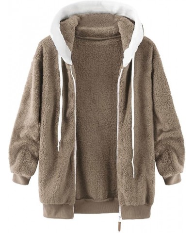 Womens Fuzzy Fleece Hoodies Teddy Plush Sherpa Lined Plus Size Solid Long Sleeves Drawstring Lightweight Warm Outwear B-khaki...