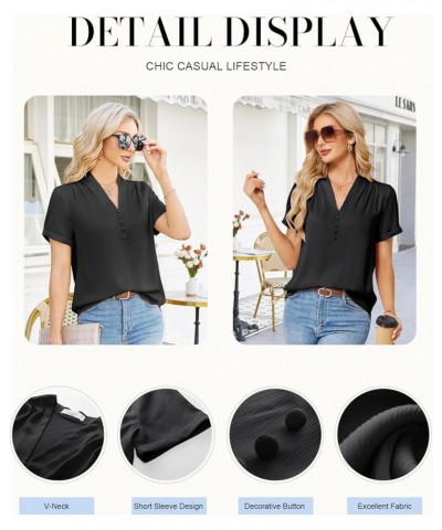 Womens Casual Shirts Dressy Work Blouses Business Tunic V-Neck Short Sleeves Button Down Tshirts Tops Black $15.59 Blouses