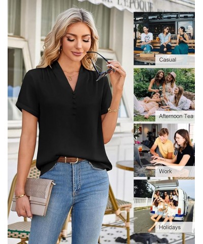 Womens Casual Shirts Dressy Work Blouses Business Tunic V-Neck Short Sleeves Button Down Tshirts Tops Black $15.59 Blouses