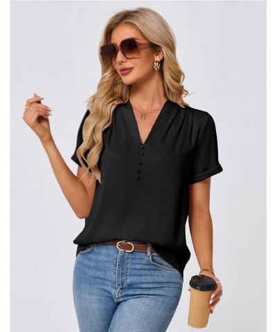 Womens Casual Shirts Dressy Work Blouses Business Tunic V-Neck Short Sleeves Button Down Tshirts Tops Black $15.59 Blouses