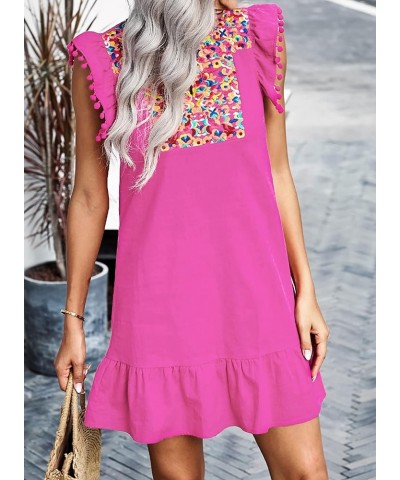 Women's 2024 Summer Mini Dress Casual V Neck Floral Embroidered Ruffle Sleeveless Shift Dress Flowy Boho Dress Rose Red $20.2...