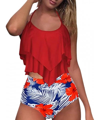 for Women Two Piece Set Plus Size Bathing Suit Sunflower Print Ruffled Racerback High Waisted Tankin Z05-red $5.02 Swimsuits