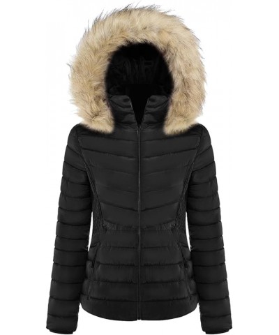 Women's Belted Down Puffer Jacket with Faux Fur Trim HoodÉ Black5 $25.17 Jackets