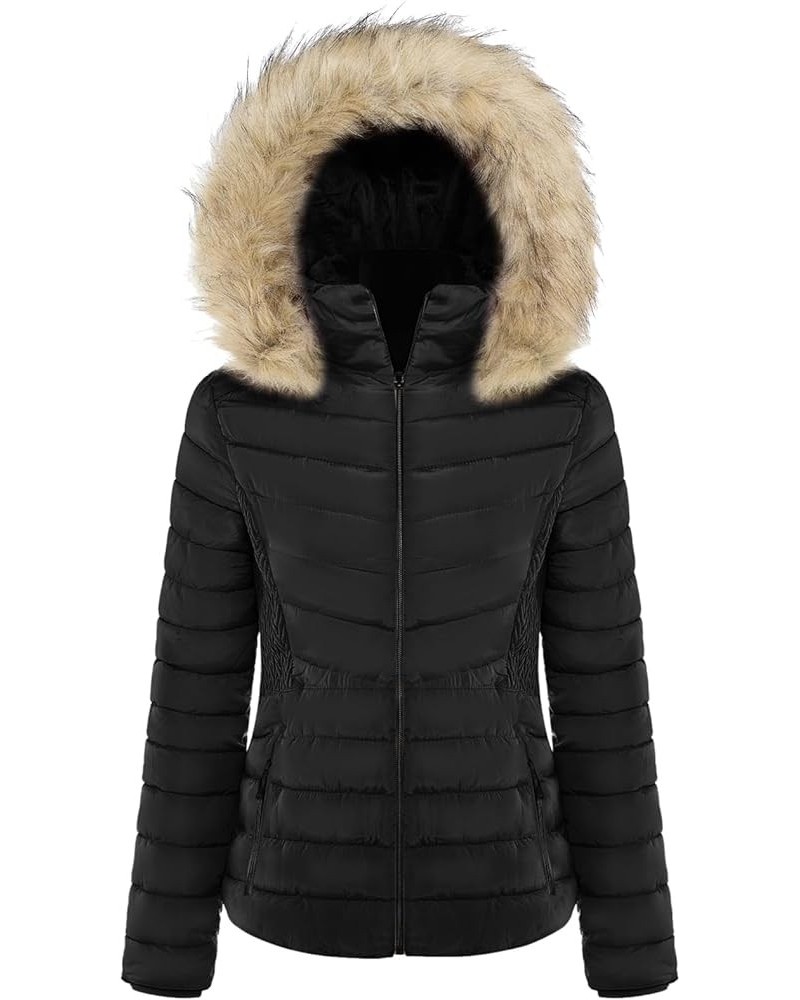 Women's Belted Down Puffer Jacket with Faux Fur Trim HoodÉ Black5 $25.17 Jackets