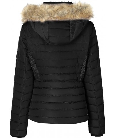 Women's Belted Down Puffer Jacket with Faux Fur Trim HoodÉ Black5 $25.17 Jackets