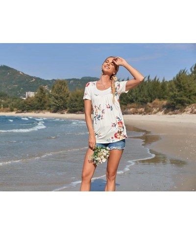 Women's 2024 Summer Short Sleeve Tunic Top Hide Belly Shirts Loose Comfy Blouse for Leggings Floret White $12.23 Tops