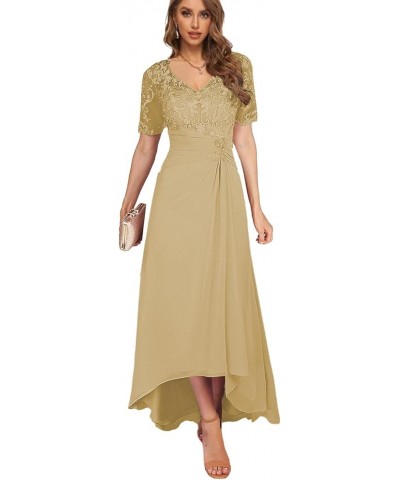 Women's Lace Mother of The Bride Dresses with Sleeves High Low Wedding Guest Dress Tea Length Evening Gown Gold $41.80 Dresses