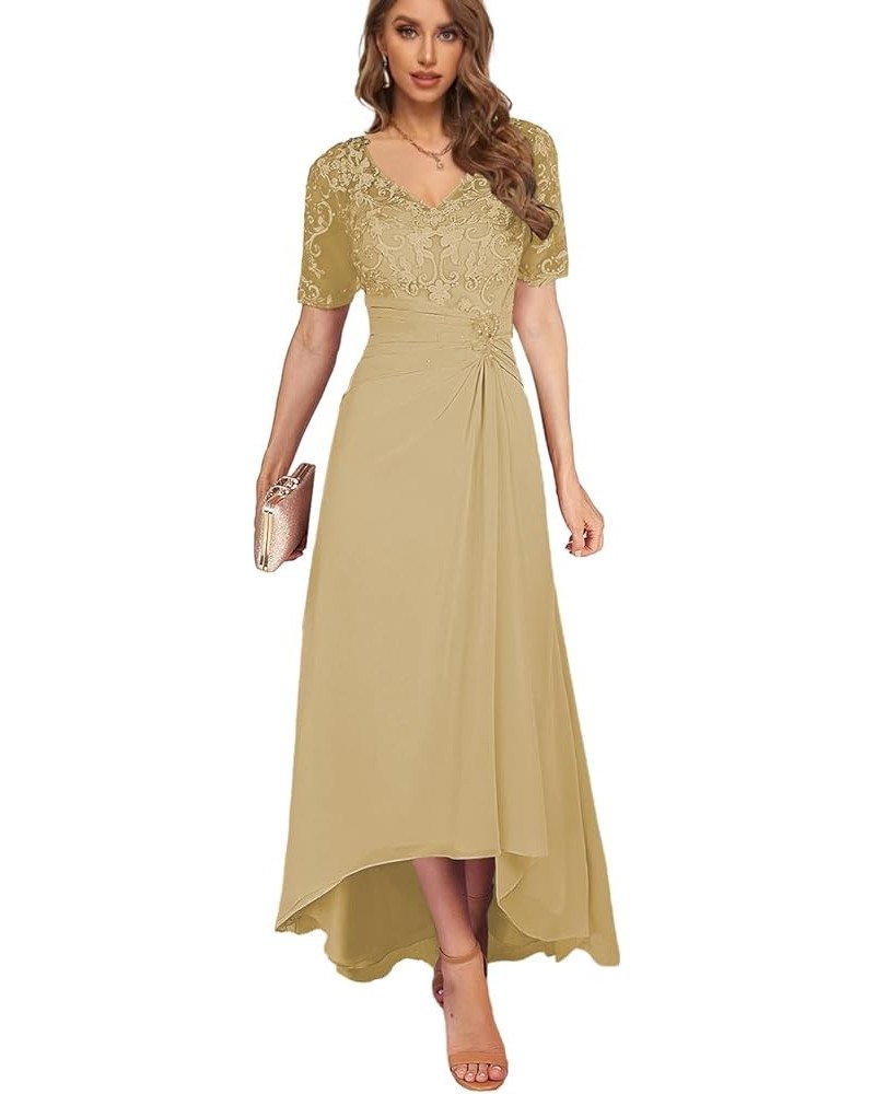 Women's Lace Mother of The Bride Dresses with Sleeves High Low Wedding Guest Dress Tea Length Evening Gown Gold $41.80 Dresses