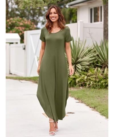 Plus Size Maxi Dress Summer Dresses for Women Casual with Pockets Split Long Dress Beach Coverup Loose Short Sleeve Army Gree...