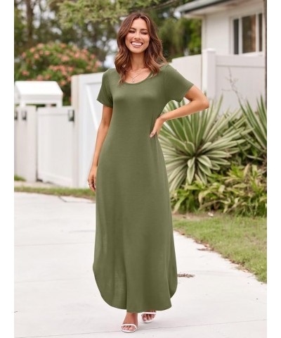 Plus Size Maxi Dress Summer Dresses for Women Casual with Pockets Split Long Dress Beach Coverup Loose Short Sleeve Army Gree...