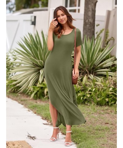 Plus Size Maxi Dress Summer Dresses for Women Casual with Pockets Split Long Dress Beach Coverup Loose Short Sleeve Army Gree...