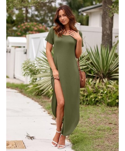 Plus Size Maxi Dress Summer Dresses for Women Casual with Pockets Split Long Dress Beach Coverup Loose Short Sleeve Army Gree...