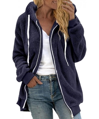 Womens Fuzzy Fleece Hoodies Teddy Plush Sherpa Lined Plus Size Solid Long Sleeves Drawstring Lightweight Warm Outwear Dark Bl...