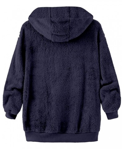 Womens Fuzzy Fleece Hoodies Teddy Plush Sherpa Lined Plus Size Solid Long Sleeves Drawstring Lightweight Warm Outwear Dark Bl...